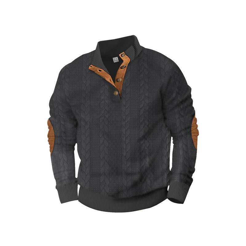 Men's cable knit sweater with stand-up collar, button placket & elbow patches Mune Fashion