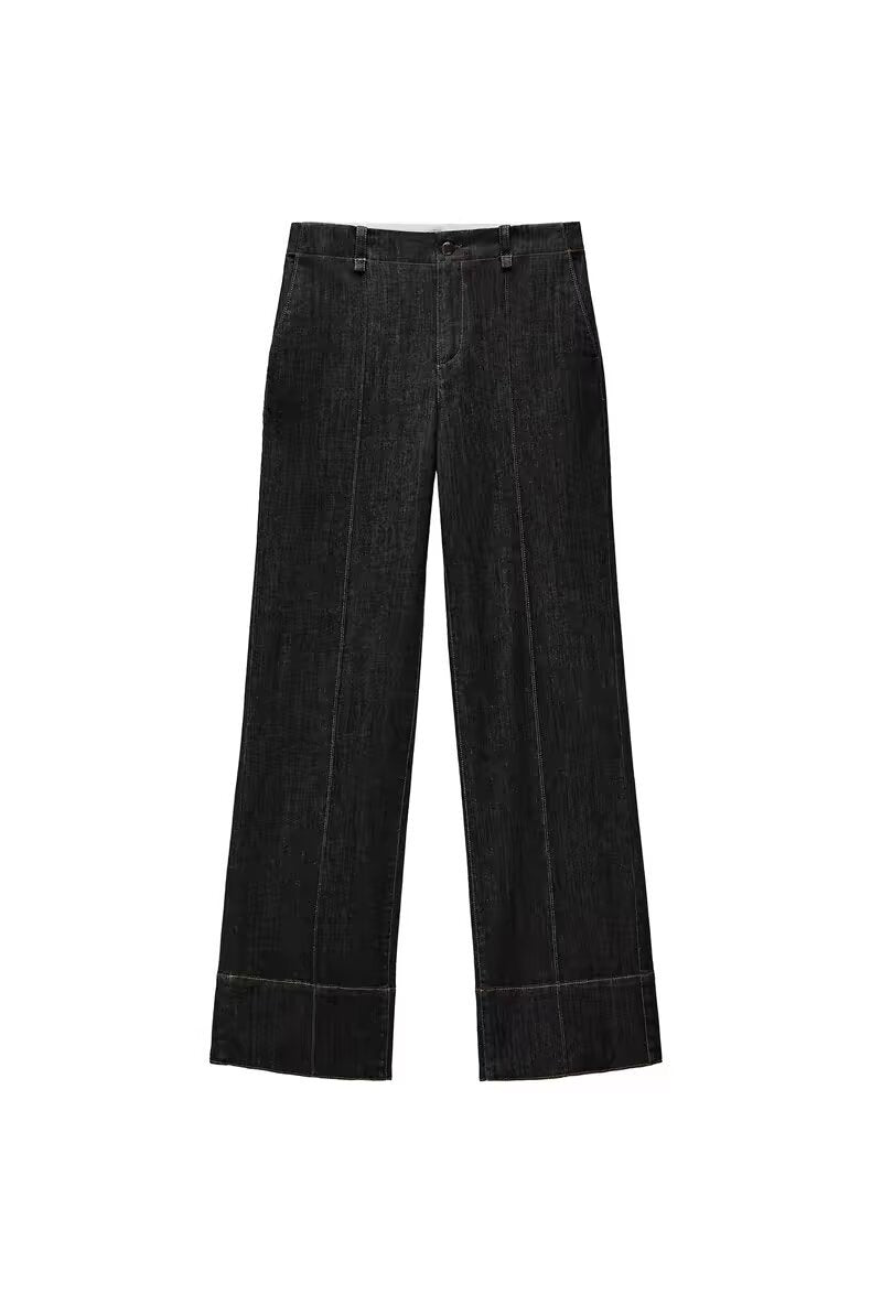 Women's high-waisted wide flare trousers in corduroy look with visible center seam and wide cuff Mune Fashion