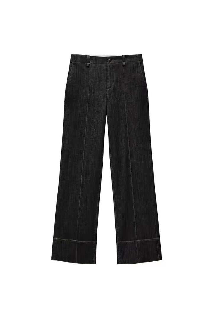 Women's high-waisted wide flare trousers in corduroy look with visible center seam and wide cuff Mune Fashion