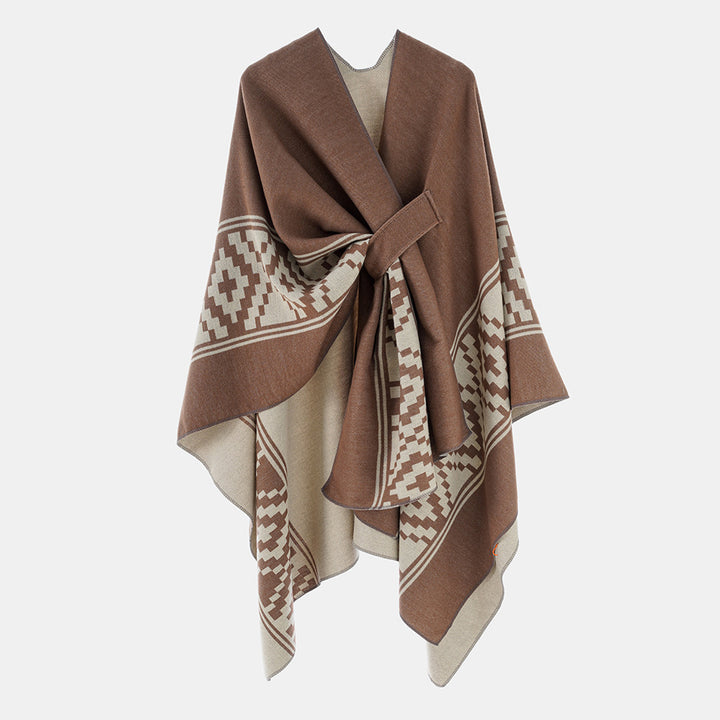 Women's Jacquard Ruana with TIE BELT and geometric pattern Mune Fashion