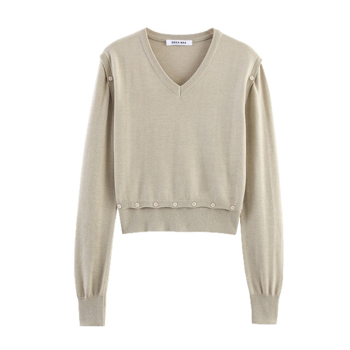 Women's Short Fine Knit Sweater with Balloon Sleeves and Decorative Button Waist Mune Fashion
