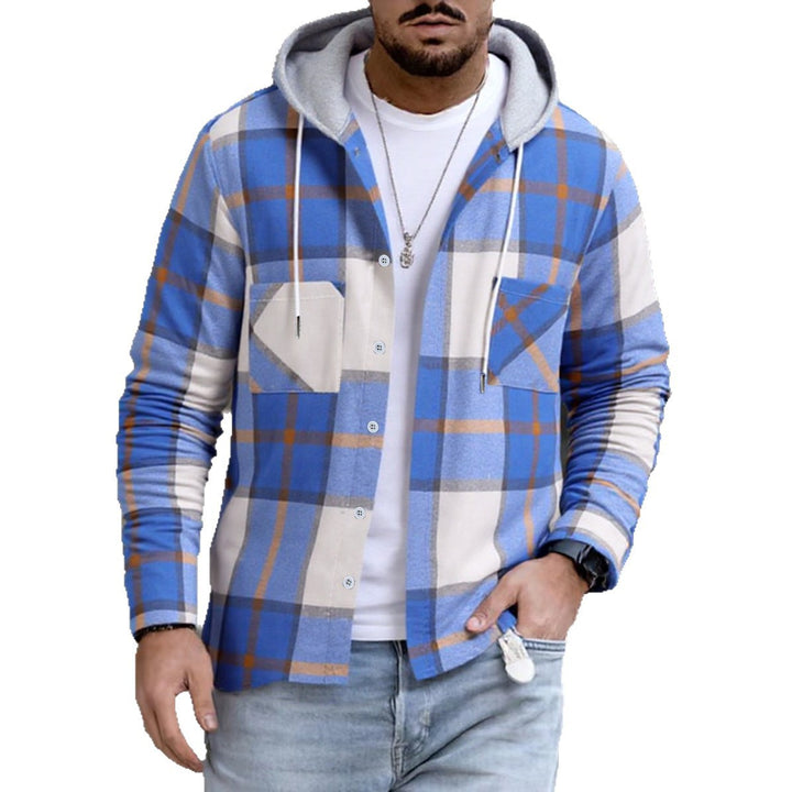 Men's checkered shirt jacket with hood, button placket and chest pockets EB