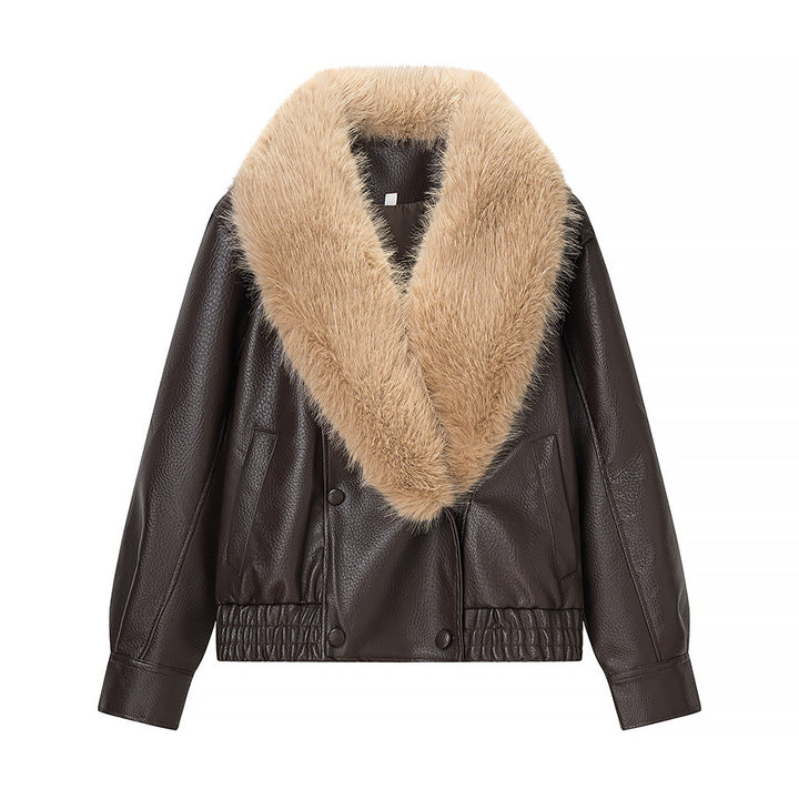 Women's bomber jacket made of leather look with voluminous fur collar Mune Fashion