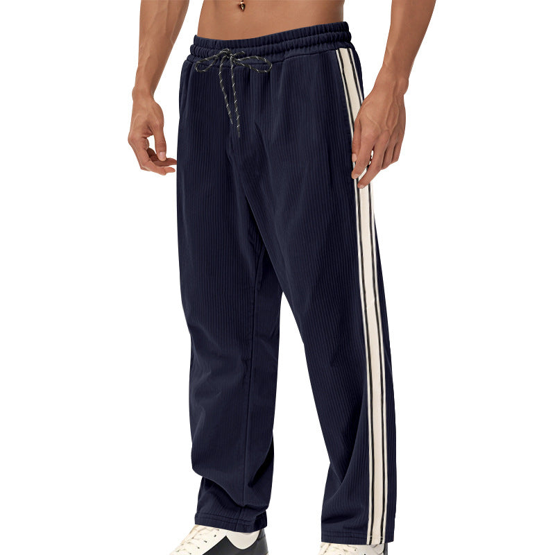 Men's Relaxed Corduroy Look Track Pants with Side Stripes, Elastic Waistband & Drawstring Mune Fashion