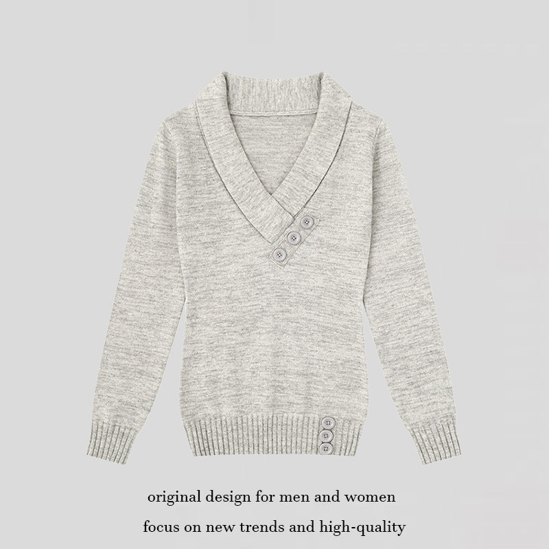 Women’s fine knit pullover with shawl collar, V-neck and decorative buttons Mune Fashion