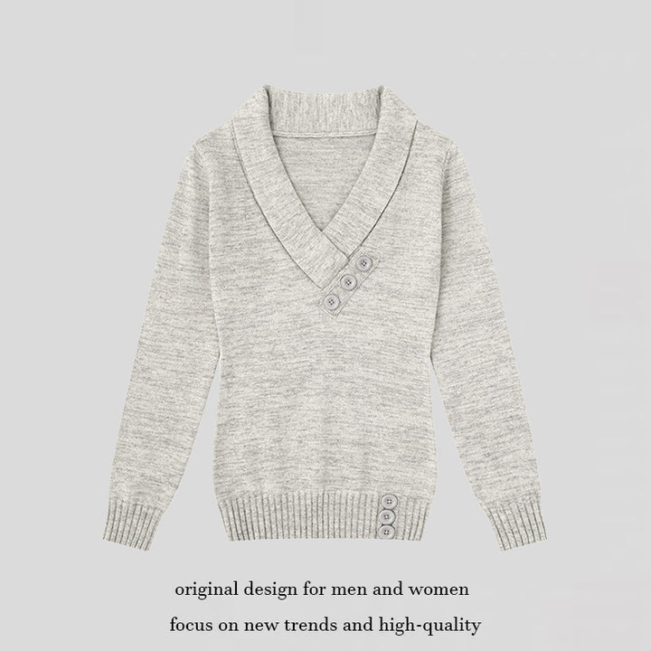 Women’s fine knit pullover with shawl collar, V-neck and decorative buttons Mune Fashion