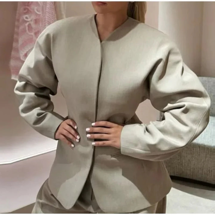 Women's minimalist V-neck blazer jacket with concealed placket and narrow welt pockets Mune Fashion