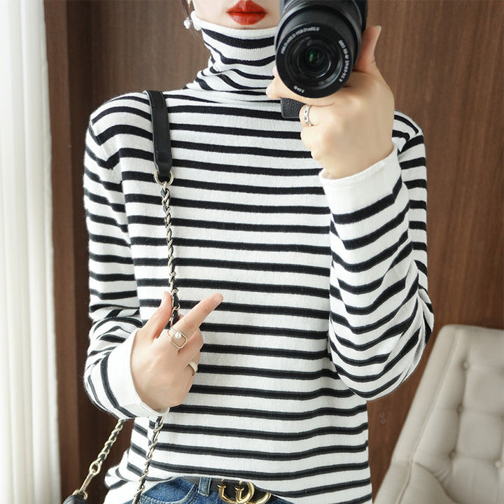 Ladies Maritime Fine Knit Turtleneck with Fine Stripe Pattern and Slim Fit Mune Fashion