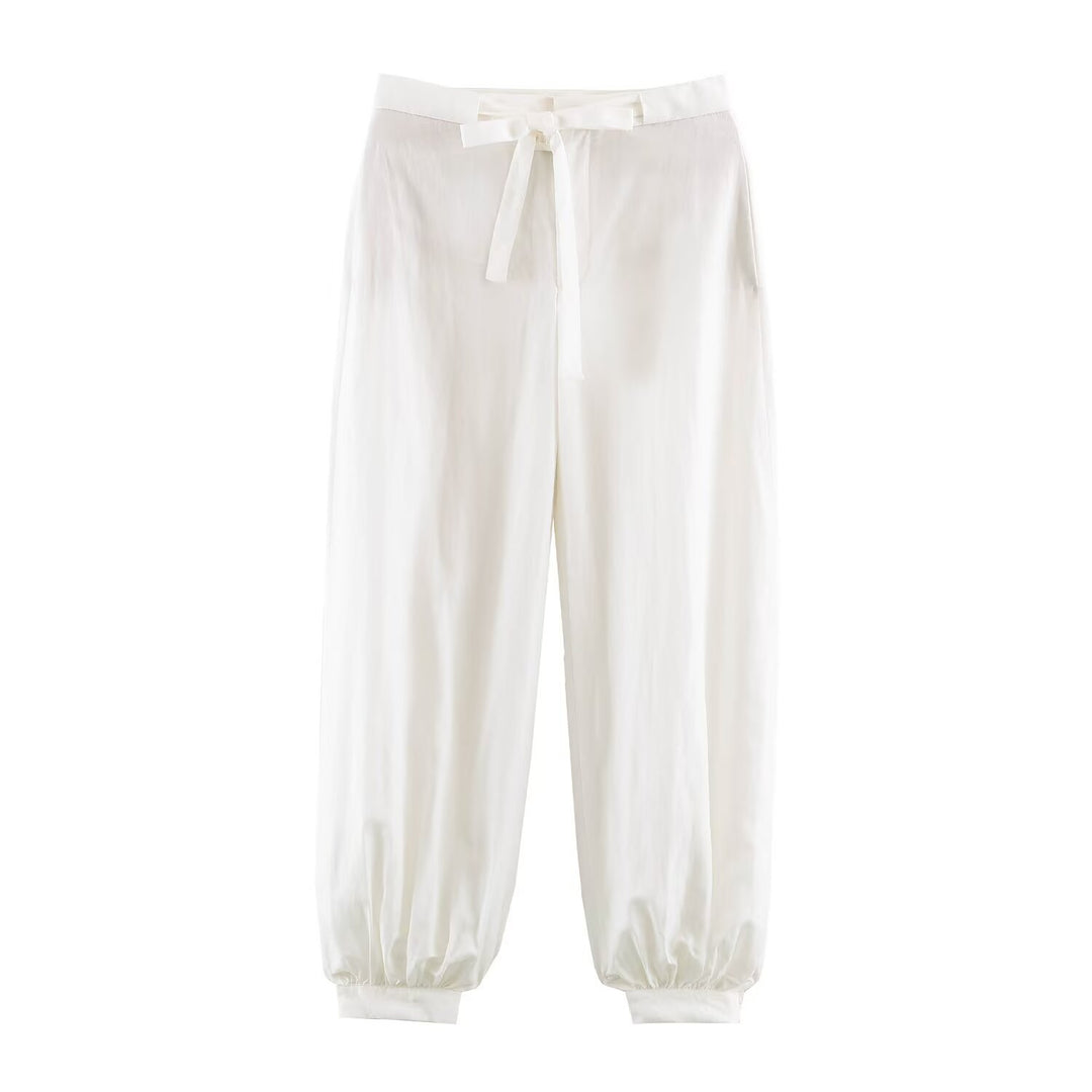Ladies Satin Lounge Two-Piece with Revers Blouse and High-Waist Jogger Pants Mune Fashion