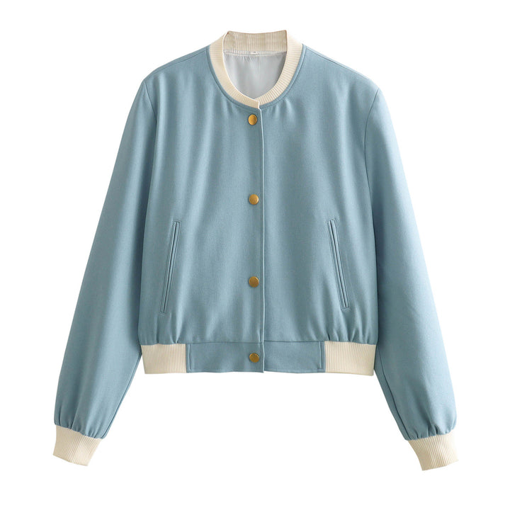 Women's Short Jacket in College Bomber Style with Concealed Snap Button Placket and Contrasting Ribbed Cuffs Mune Fashion