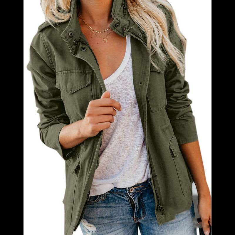 Women’s utility field jacket with stand-up collar, patch pockets and waist drawstring Mune Fashion