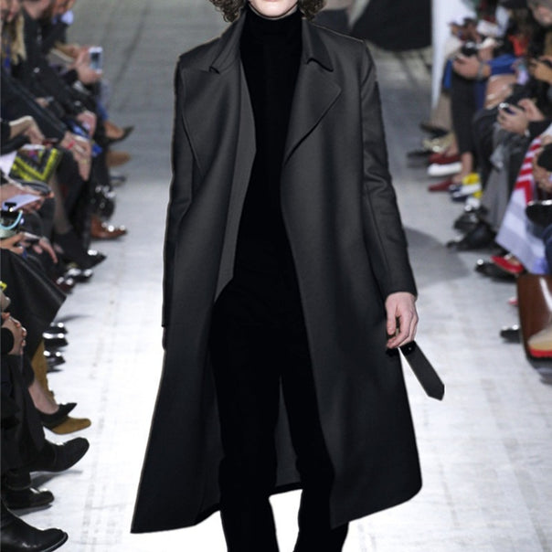 Men's extra long tailored wool blend coat with tie belt and wide shawl collar Mune Fashion