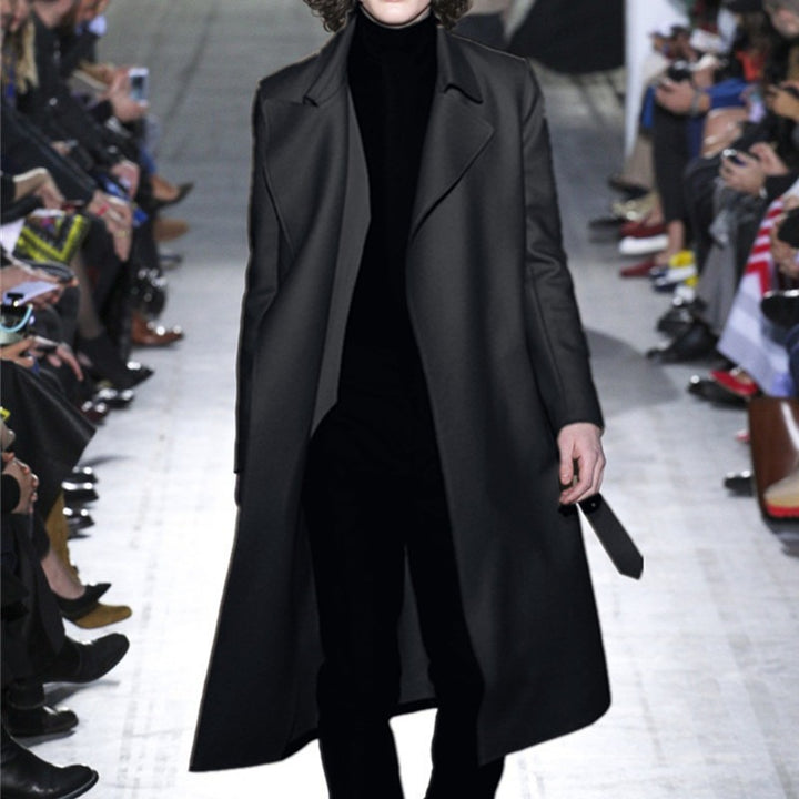 Men's extra long tailored wool blend coat with tie belt and wide shawl collar Mune Fashion