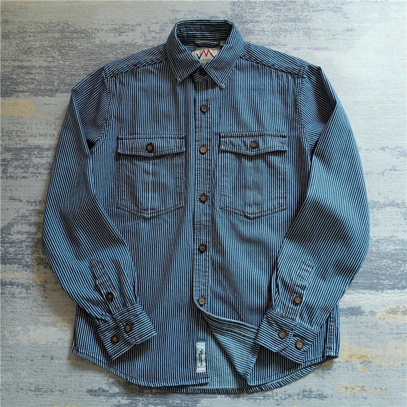 Men's Striped Cotton Worker Shirt with Patch Chest Pockets and Full Button Placket Mune Fashion