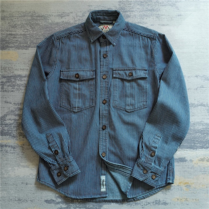 Men's Striped Cotton Worker Shirt with Patch Chest Pockets and Full Button Placket Mune Fashion