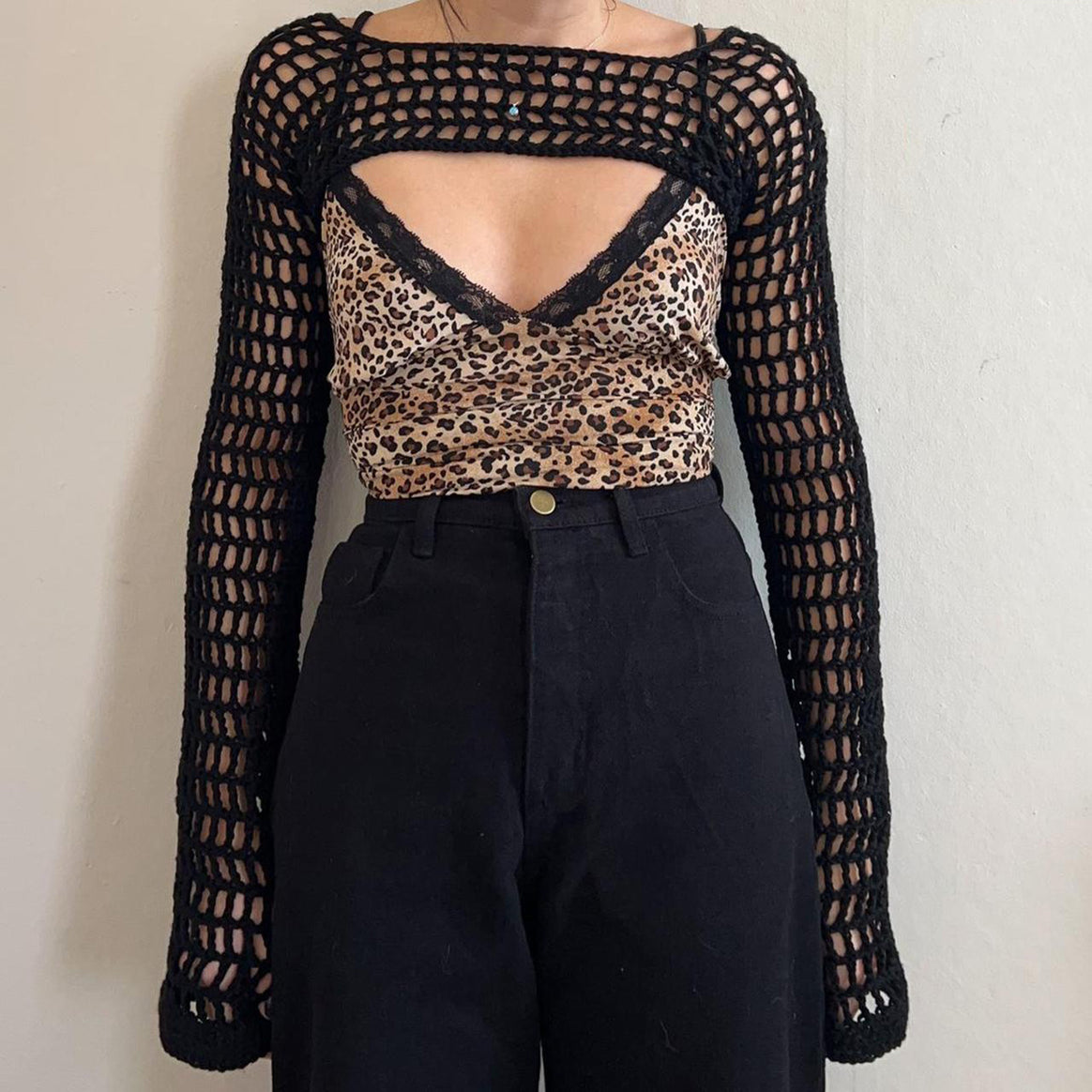 Ladies trendy mesh overlay with wide sleeves