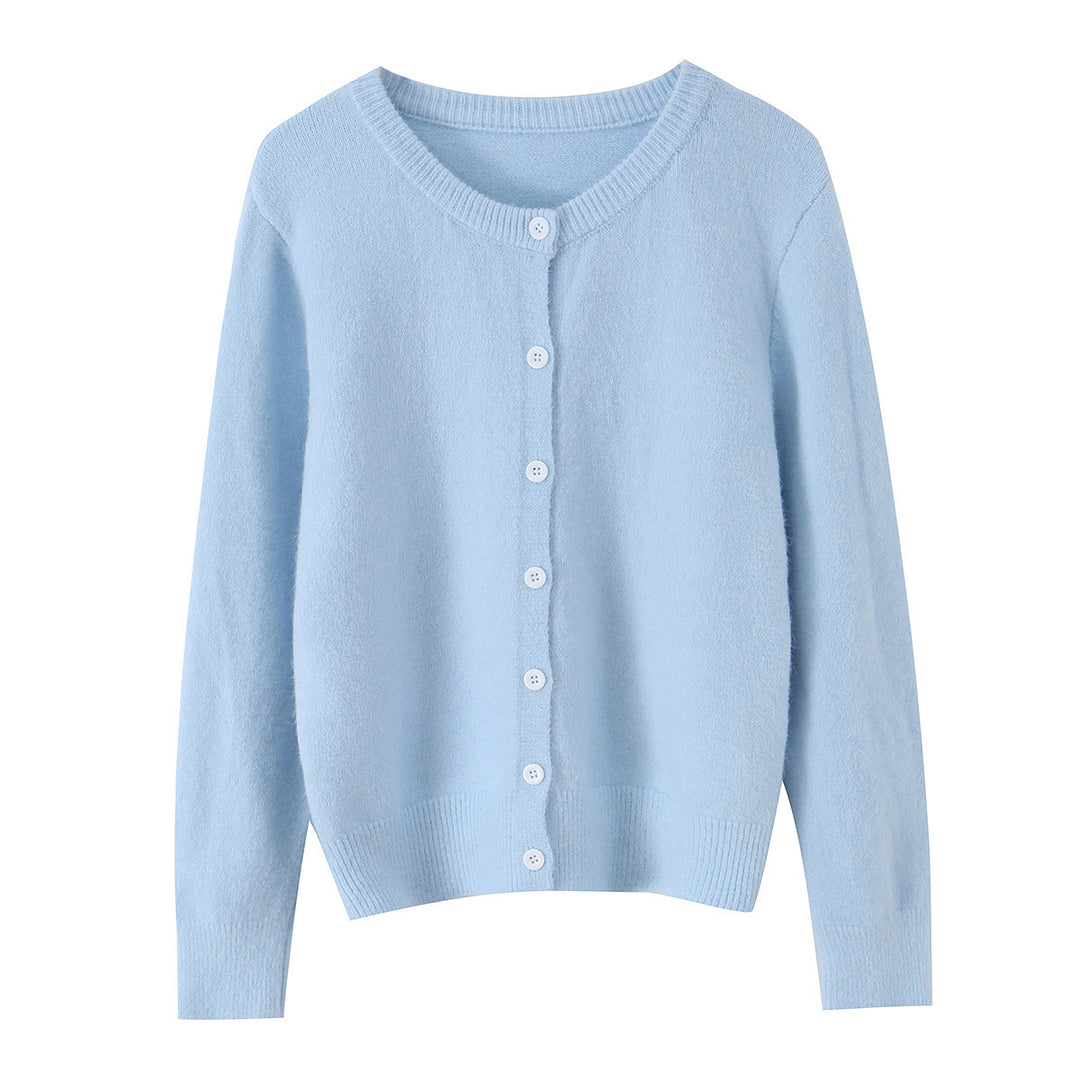 Women's fine knit cardigan with round neckline, full button placket and ribbed hem Mune Fashion