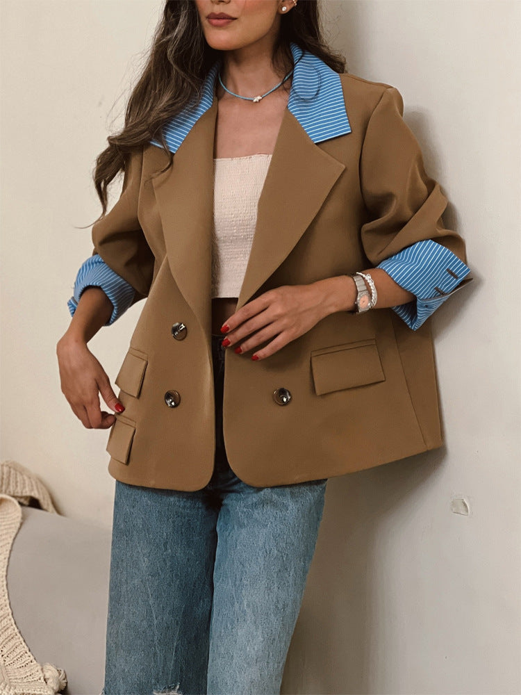 Women Oversized Double-Breasted Blazer with Contrast Collar & Cuffed Sleeves Mune Fashion