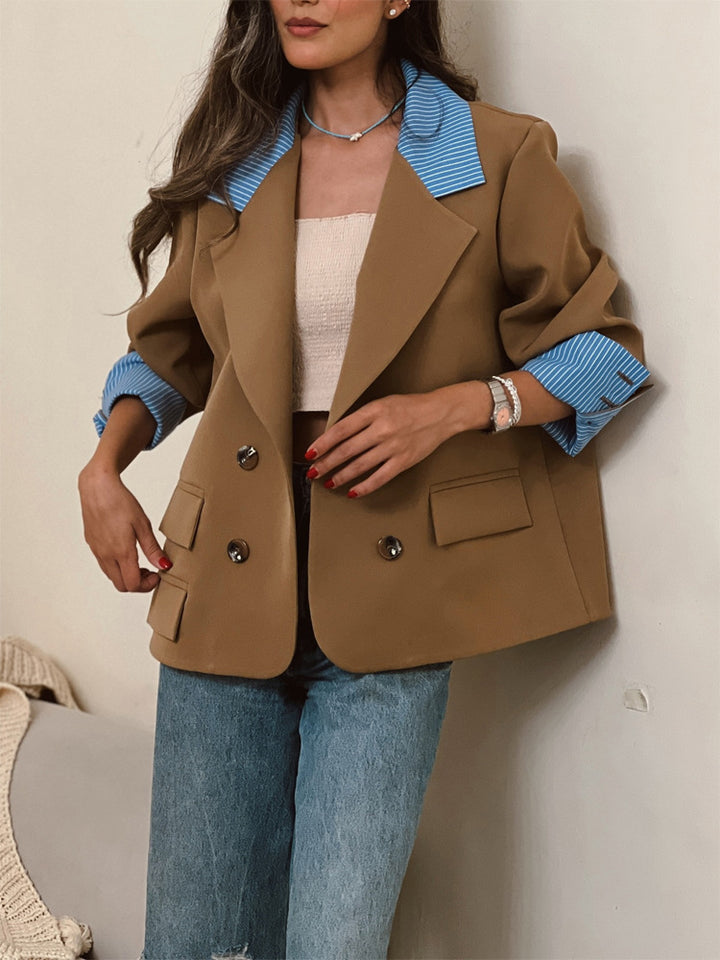 Women Oversized Double-Breasted Blazer with Contrast Collar & Cuffed Sleeves Mune Fashion