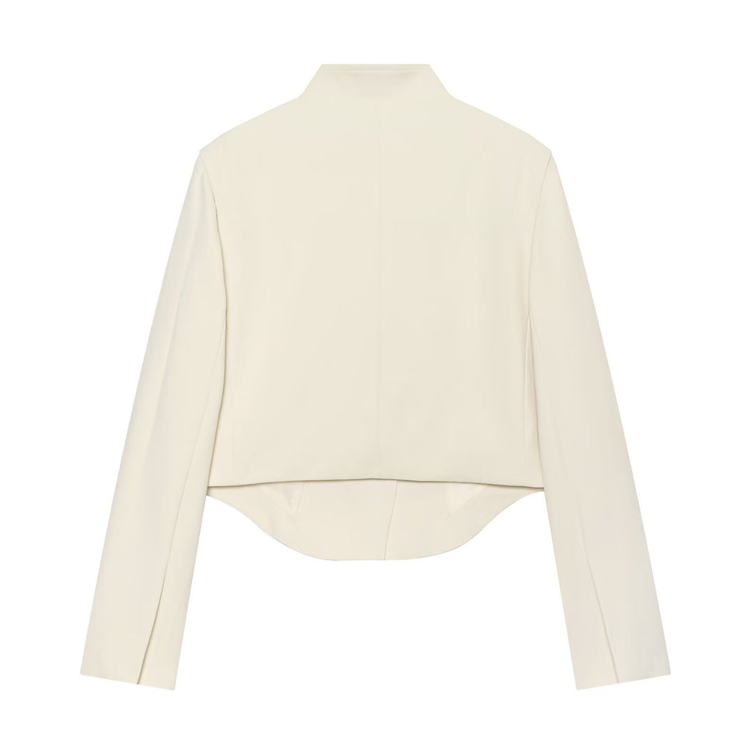 Women Short Tailored Blazer with Stand-Up Collar, Asymmetric Button Placket and Curved Hem Mune Fashion