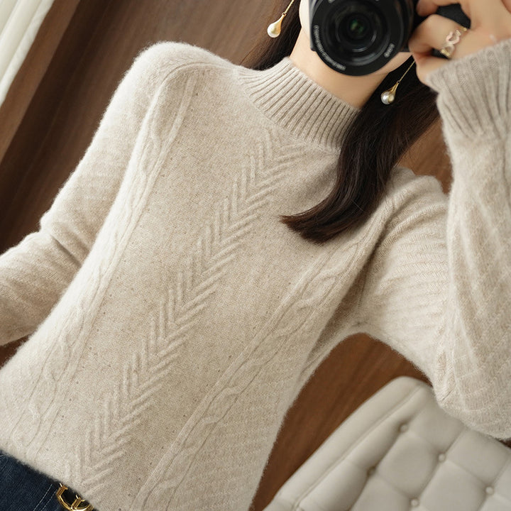 Women Lightweight Mohair-Look Stand Collar Sweater with Cable-Lace and Tailored Silhouette Mune Fashion