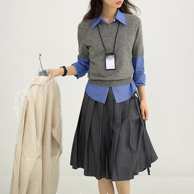 Women's Classic Shirt Blouse with Fine Stripe Pattern Mune Fashion