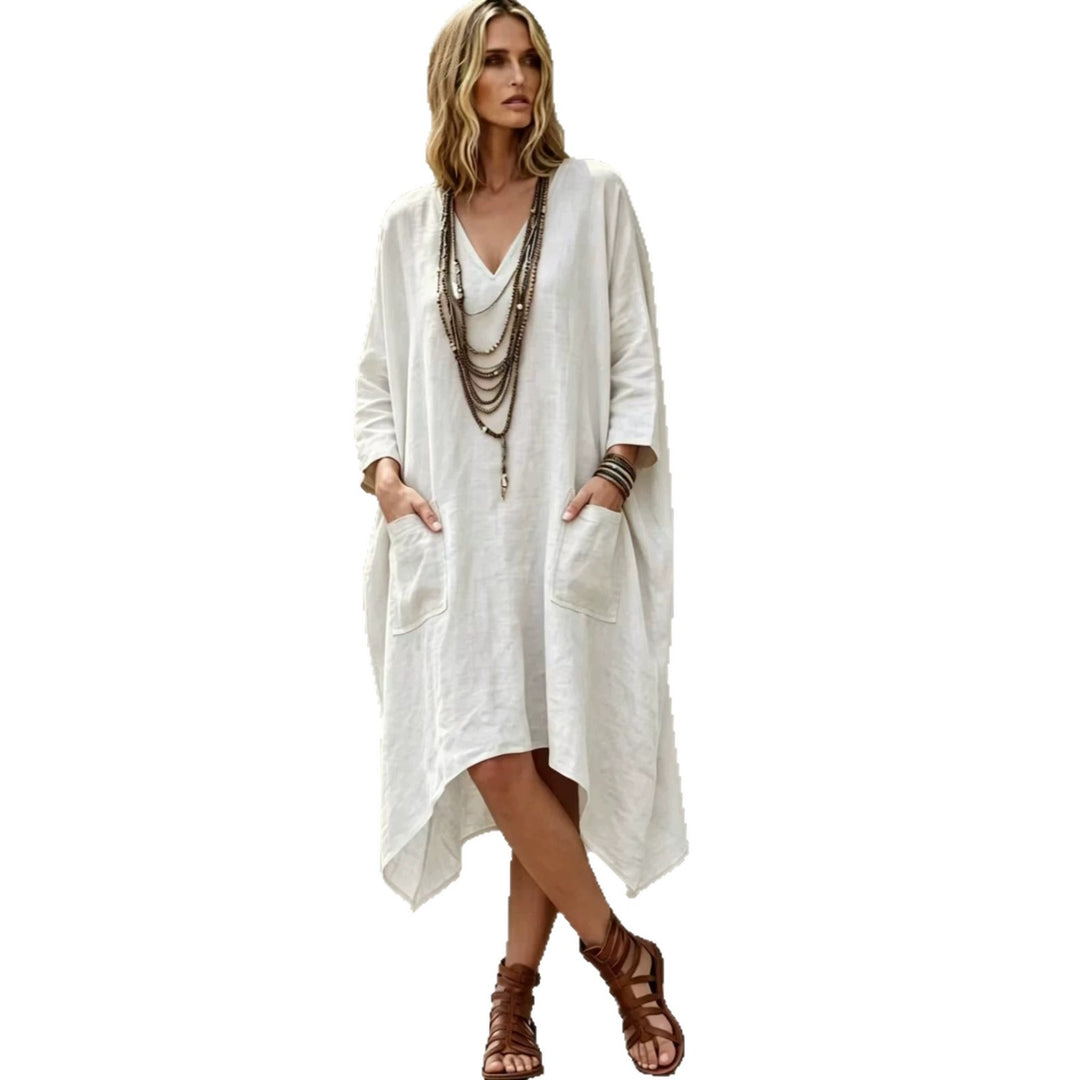 Women's Oversize Kaftan Dress with V-Neck, Side Pockets and Asymmetrical Hem Mune Fashion