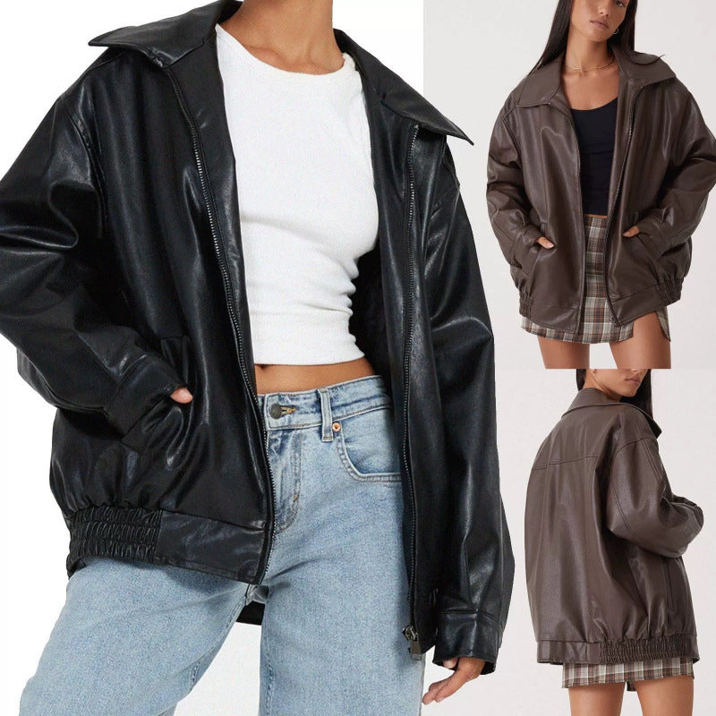 Women Oversize Faux Leather Blouson with Zipper and Elastic Hem Mune Fashion