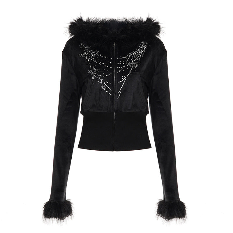 Women's short hooded jacket with faux fur trim and rhinestone decoration Mune Fashion