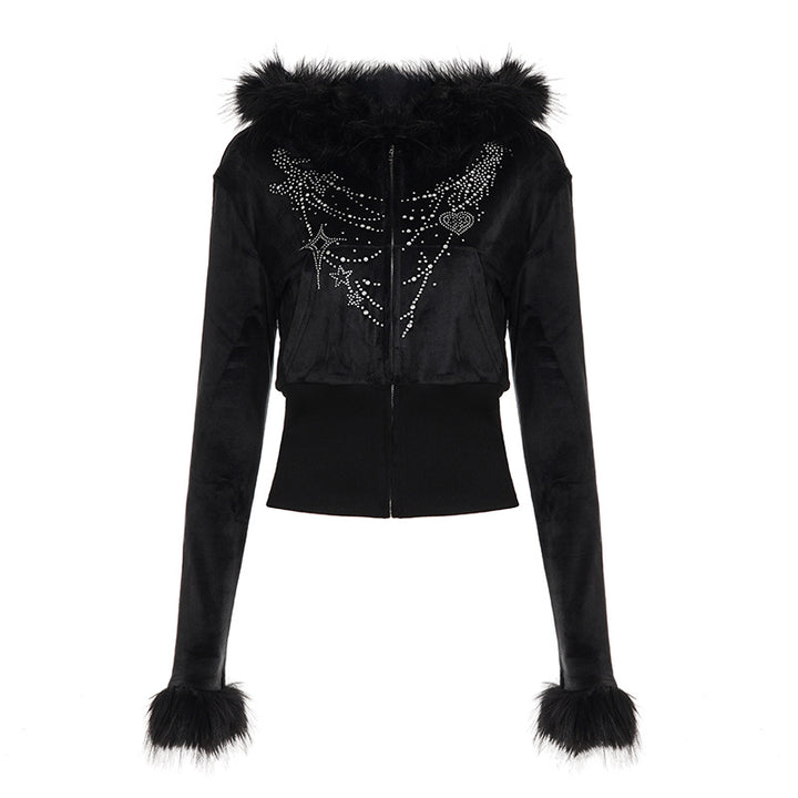 Women's short hooded jacket with faux fur trim and rhinestone decoration Mune Fashion
