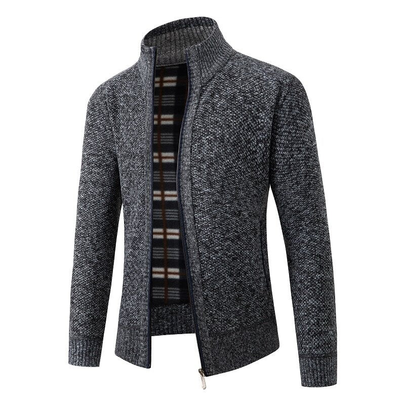 Men's Structured Zip Cardigan with Check Fleece Lining and Stand-Up Collar Mune Fashion