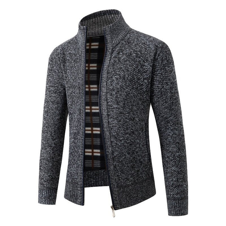 Men's Structured Zip Cardigan with Check Fleece Lining and Stand-Up Collar Mune Fashion