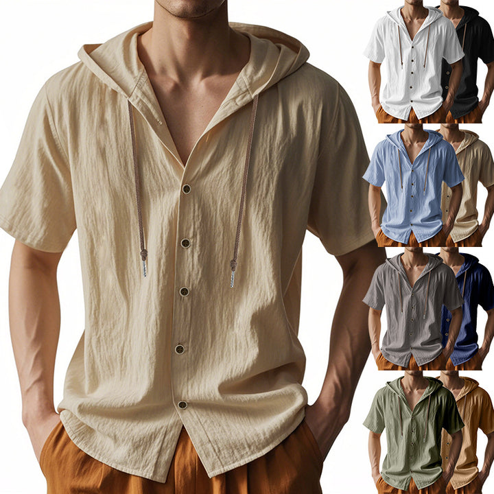 Men's lightweight short-sleeve hooded shirt with button placket and breathable cotton blend Mune Fashion