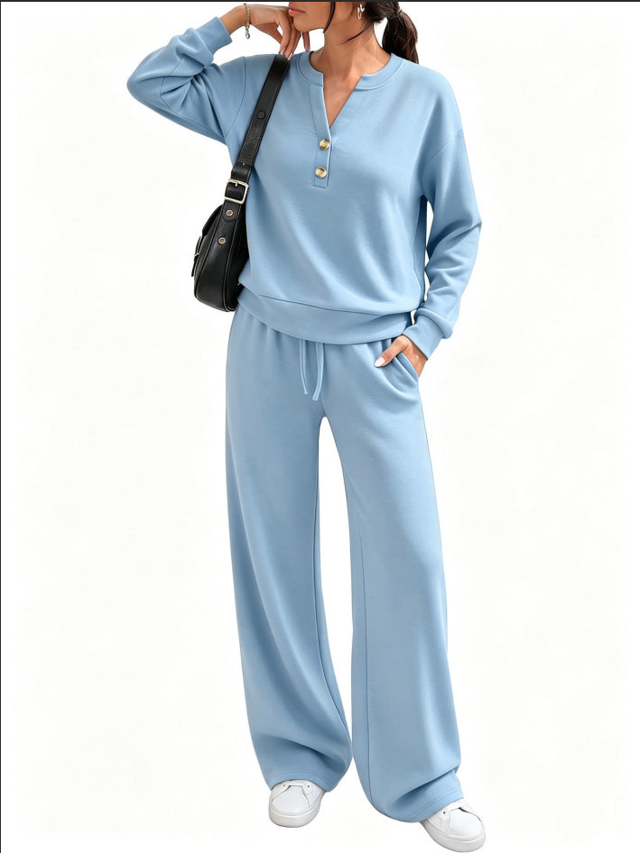 Ladies Lounge Set with Henley Collar and Palazzo Wide Jogging Pants Mune Fashion