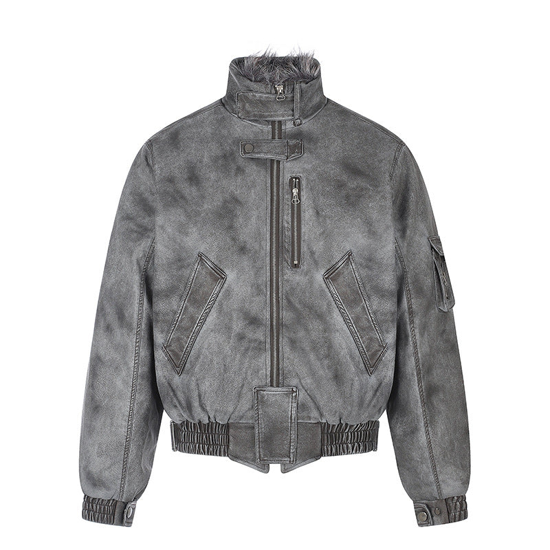 Men's padded pilot jacket in bomber style with high collar, faux fur trim, and waist belt Mune Fashion