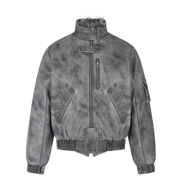 Men's padded pilot jacket in bomber style with high collar, faux fur trim, and waist belt Mune Fashion