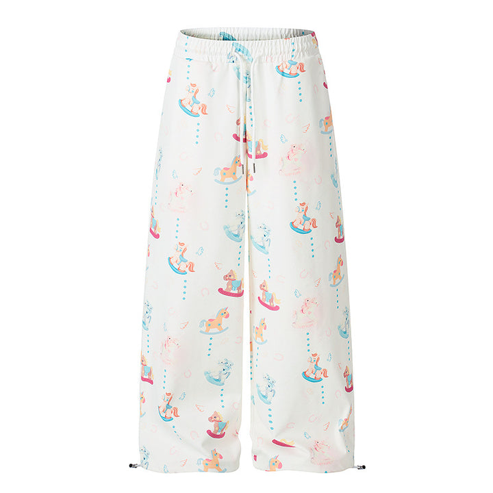 Women's Wide Palazzo Lounge Pants with Comfortable Waistband, Drawstring and Playful Rocking Horse Print Mune Fashion