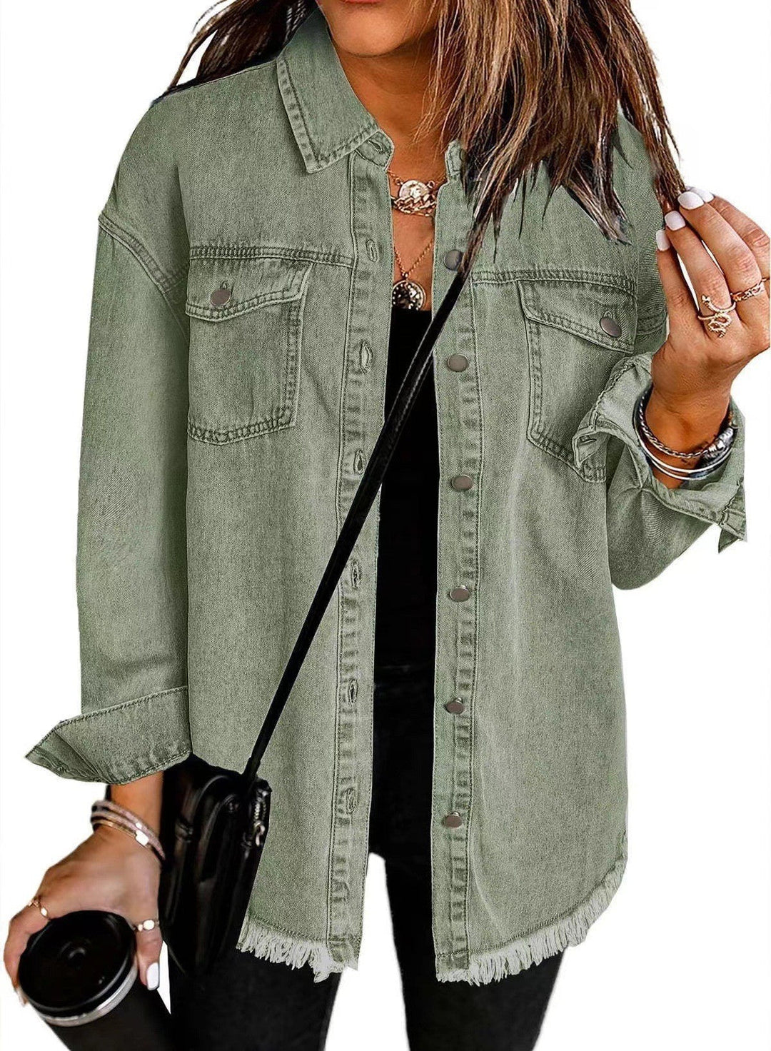 Ladies Denim Overshirt with Fringed Hem and Chest Pockets Mune