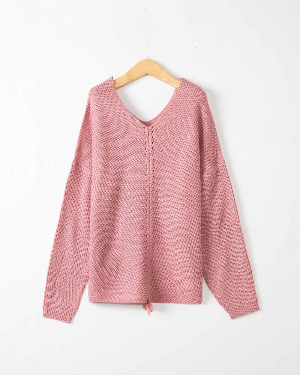 Women's knit sweater with cable center seam, V-neck and drawstring Mune Fashion