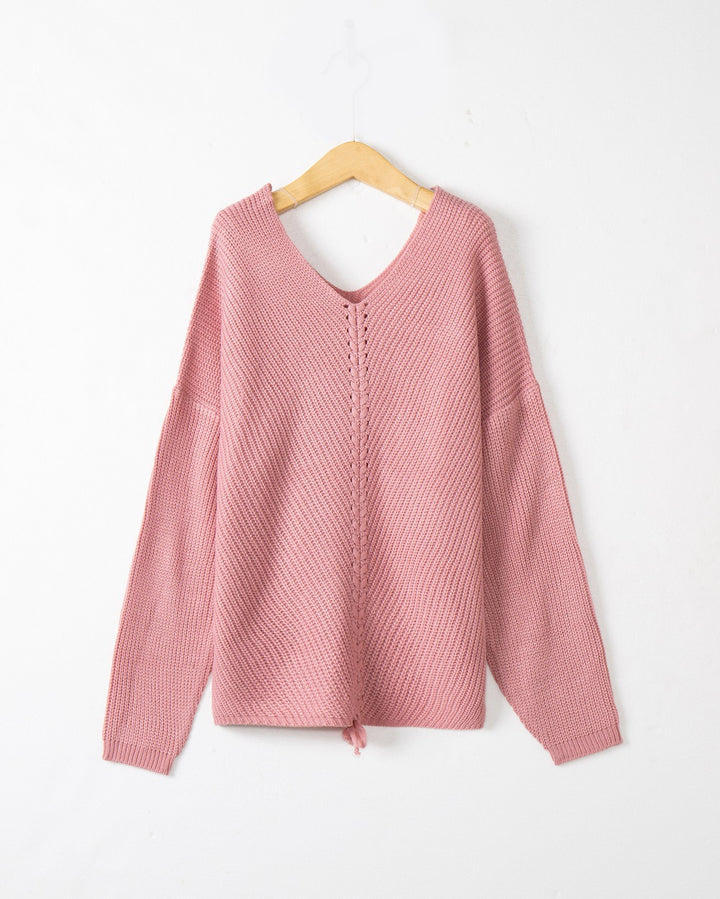 Women's knit sweater with cable center seam, V-neck and drawstring Mune Fashion
