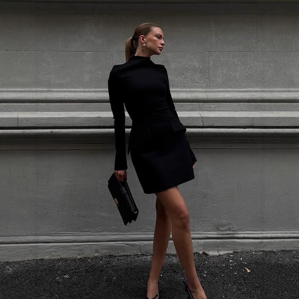 Women's Tailored Mini Dress with Stand Collar, Long Sleeves & Peplum Mune Fashion