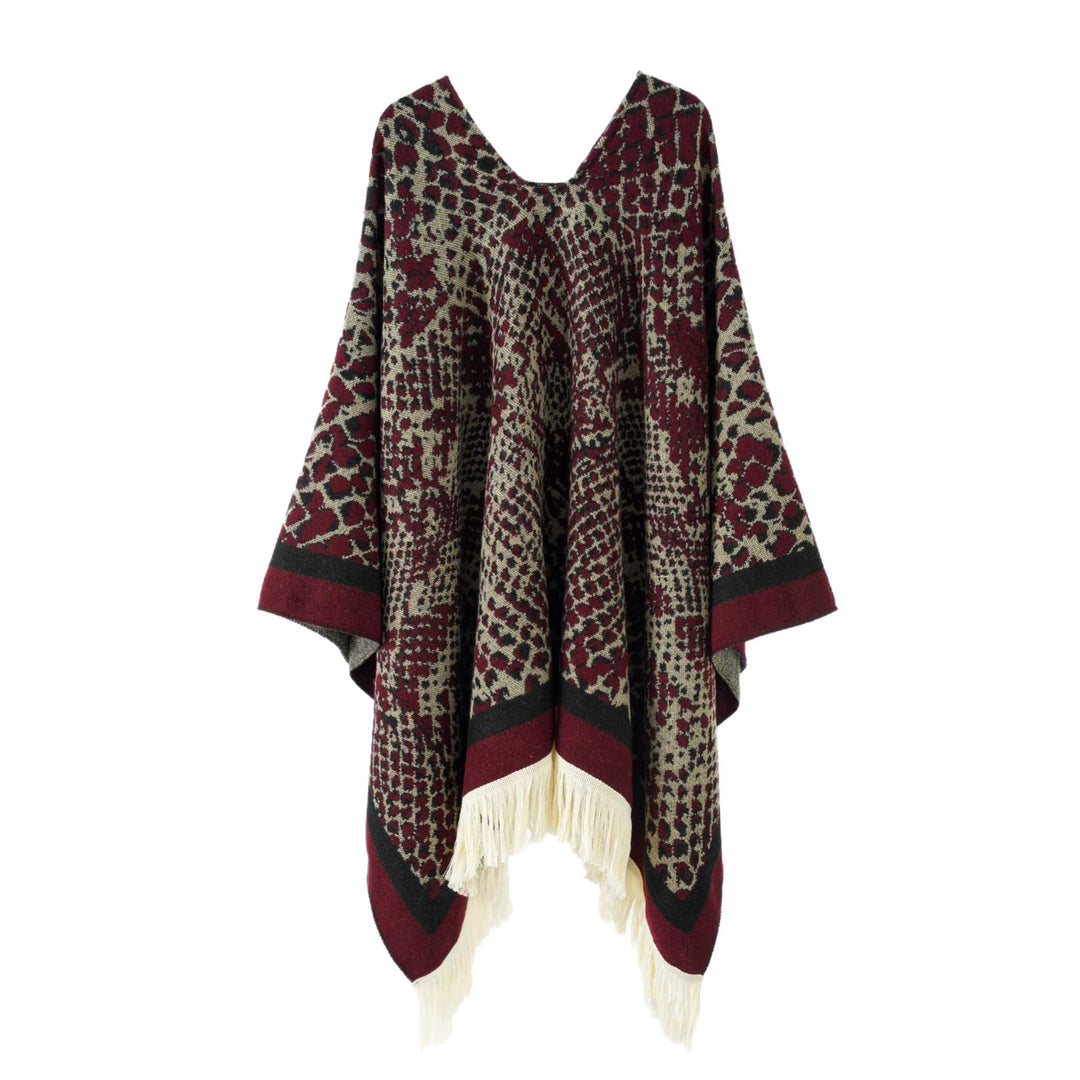 Women's Jacquard Poncho with V-Neck, Animal Print and Fringed Hem Mune Fashion