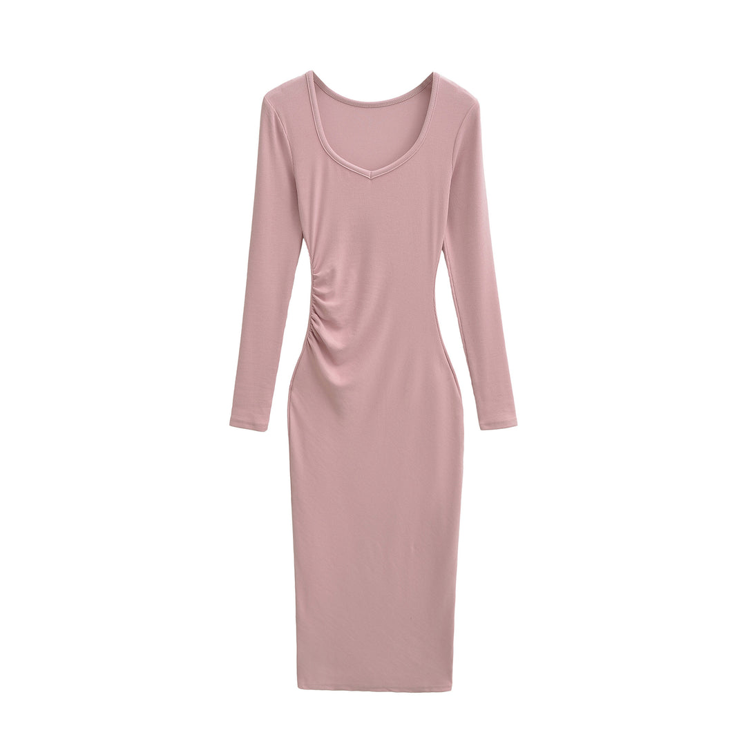 Women's Fitted Midi Dress with Side Ruching and Double Neckline Mune Fashion
