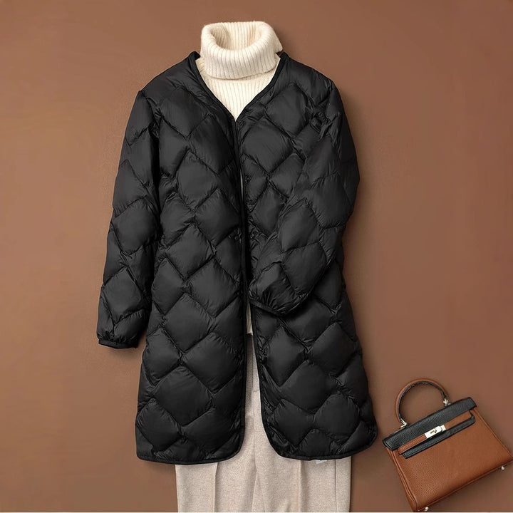 Women's Elegant Long Coat in Quilted Down Look with Diamond Quilting and Concealed Snap Button Placket Mune Fashion