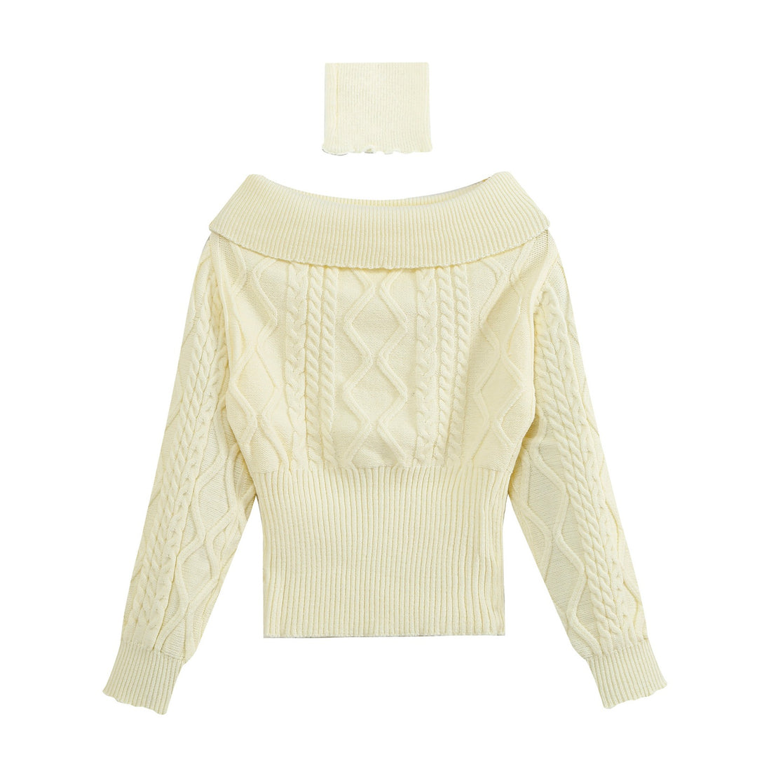 Women's Off-Shoulder Cable Knit Sweater with Wide Ribbed Cuff and Folded Collar Mune Fashion