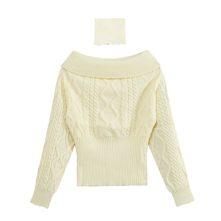 Women's Off-Shoulder Cable Knit Sweater with Wide Ribbed Cuff and Folded Collar Mune Fashion