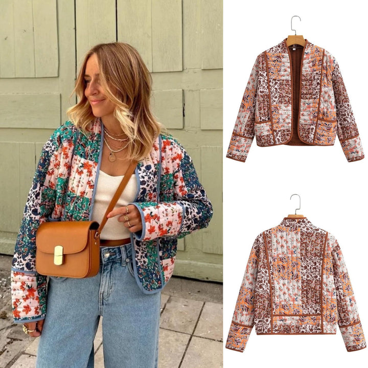 Ladies padded patchwork kimono jacket with patch pockets Mune Fashion