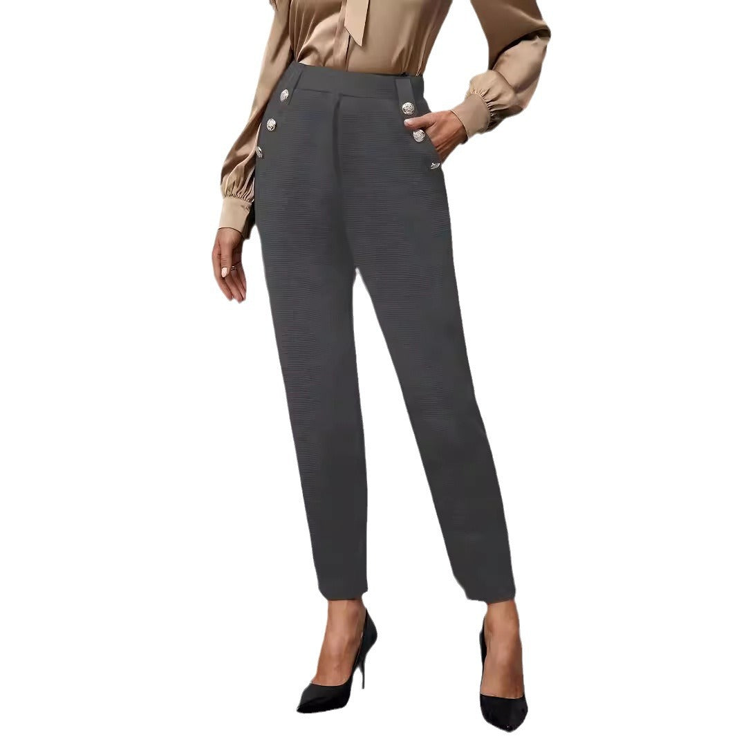 Women High-Waisted Suit Pants with Decorative Buttons Drune
