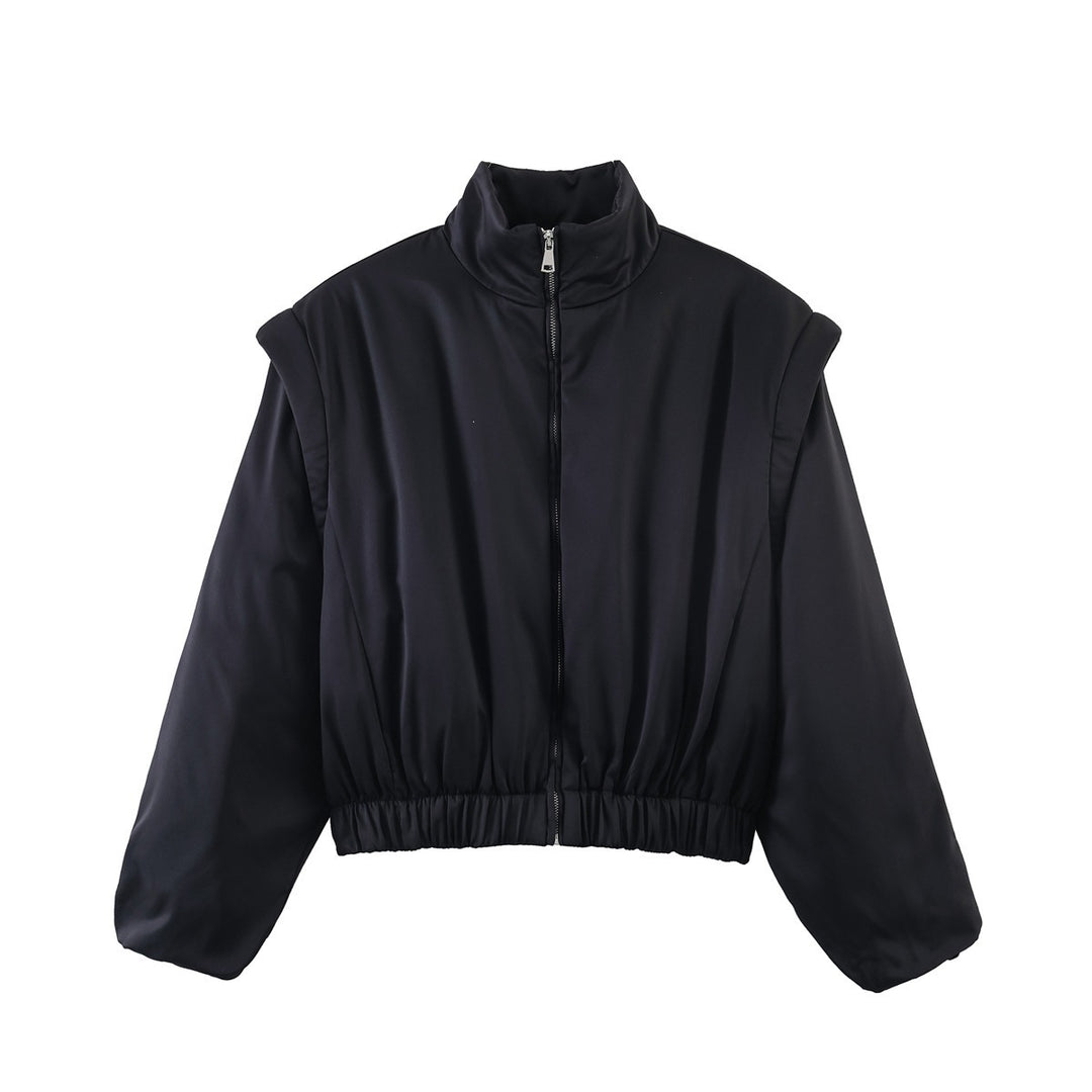Women Short Cropped Puffer Jacket with Stand-up Collar, Zipper, and Elastic Waist Mune Fashion