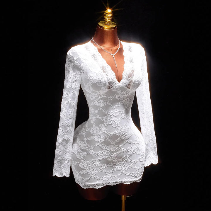 Women nan short lace sheath dress with integrated corset and deep V-neck Mune Fashion